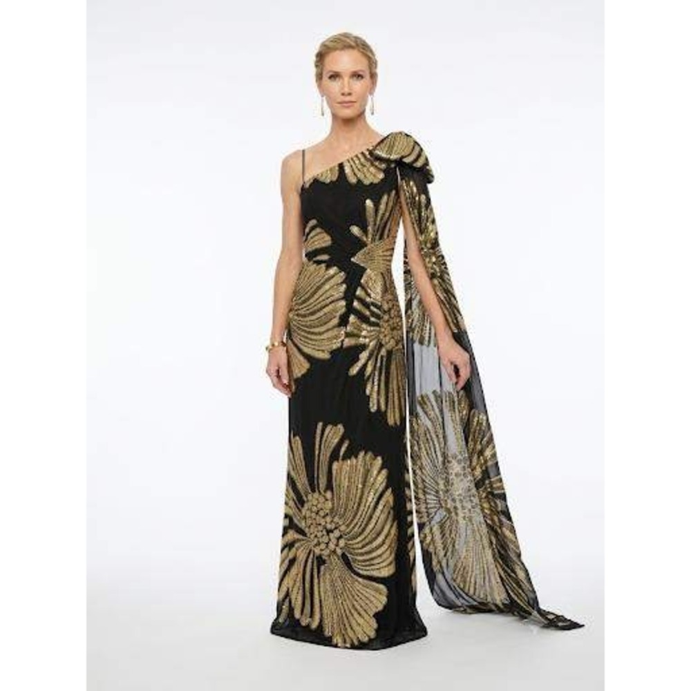 Vintage Lee Jordan New York Dress 10 Black Gold Metallic One Shoulder Gown 70s